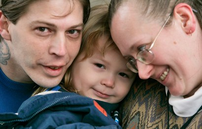 Heath Campbell, left, with his wife Deborah and son Adolph Hitler, 3, pose in Easton, Pa. 