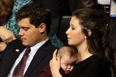From Republican National Convention last September: Bristol Palin (R), daughter of Alaska Gov. Sarah Palin, holds brother Trig Palin while sitting next to then-boyfriend Levi Johnston. From Republican National Convention last September: Bristol Palin (R), daughter of Alaska Gov. Sarah Palin, holds brother Trig Palin while sitting next to then-boyfriend Levi Johnston.