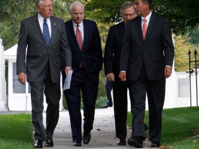 From left House Majority Leader Steny Hoyer, Sen. John McCain, R-Ariz., Senate Minority Leader Mitch McConnell and House Minority Leader Rep. John Boehner walk together following their meeting between
