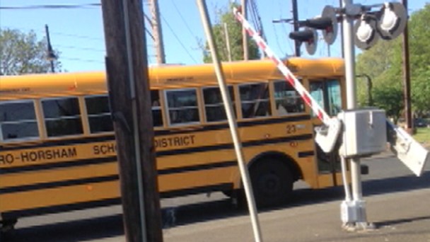 Crossing Gate Hits School Bus as Train Approaches