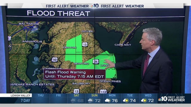 It's a rainy start to Thursday morning, NBC10 meteorologist Bill Henley has issued a First Alert due to possible flash floods. Temperatures will be in the 60s for most of the area.