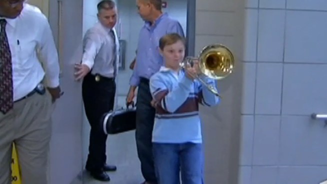 The Drexel Hill boy left his trombone on the curb in front of his home because he was so excited for music class. Someone took it, but it was returned to the boy Monday morning.
