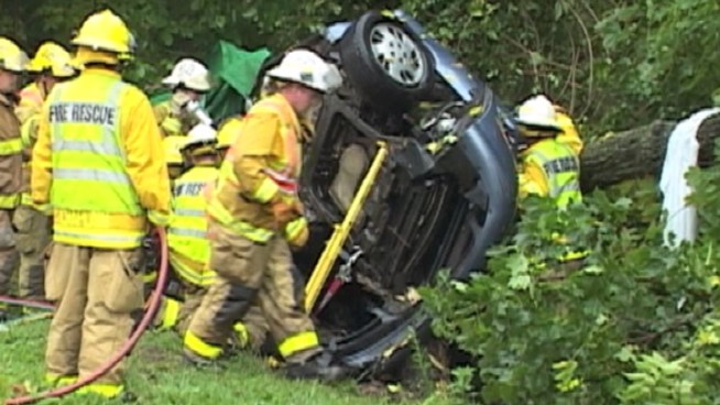 Fire crews rescued two teens who were trapped inside a car that crashed into a tree in Chester County. The teens suffered moderate injuries, according to investigators.