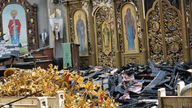 Amid a pile of scorched rubble, many of the icons at Saint Mary the Protectress Ukrainian Orthodox Church remained in tact after a four alarm fire torched much of the historic building on Sunday.