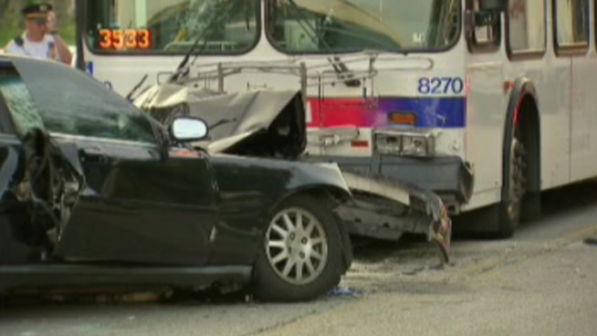 A car collided with a SEPTA bus full of passengers Monday evening around 6 p.m., according to police. 11 people were rushed to are hospitals with injuries. The passenger in the car was killed. According to police, there was a strong odor of alcohol in the car. Police also say the car was driving the wrong way down the street.