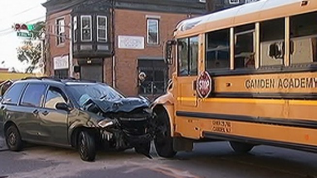 A school bus collided with a mini-van in Camden on Thursday afternoon. NBC10's Doug Shimell was told by Camden Police that at least six kids were taken to the hospital.