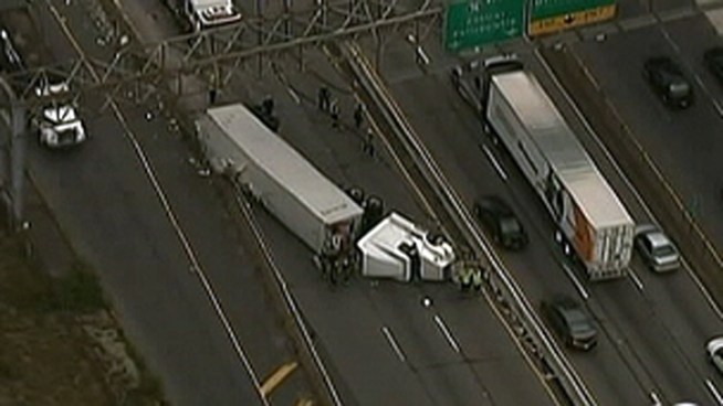 An overturned tractor-trailer closed I-76 eastbound for hours Tuesday. Police directed drivers to get off at the 30th Street Station exit. The drivers stuck in the traffic jam told NBC10's Doug Shimell that after they got off the exit officials didn't help direct them.