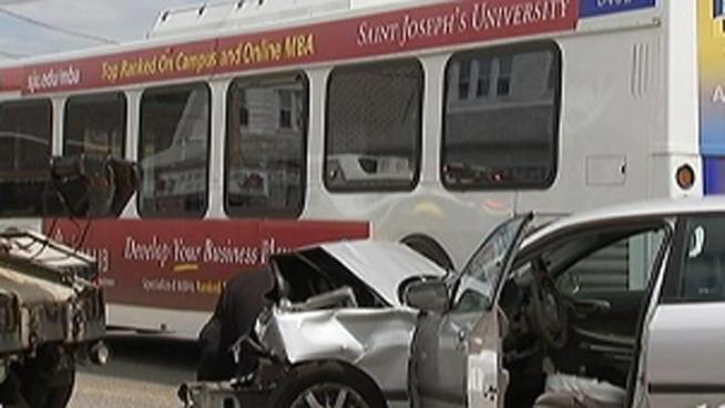 A SEPTA Route 131 bus and a silver Chevrolet collided Friday afternoon on the 1200 block of MacDade Boulevard in Collingdale, Pa. 14 people were injured in the crash including both drivers. NBC10's Deanna Durante reports.