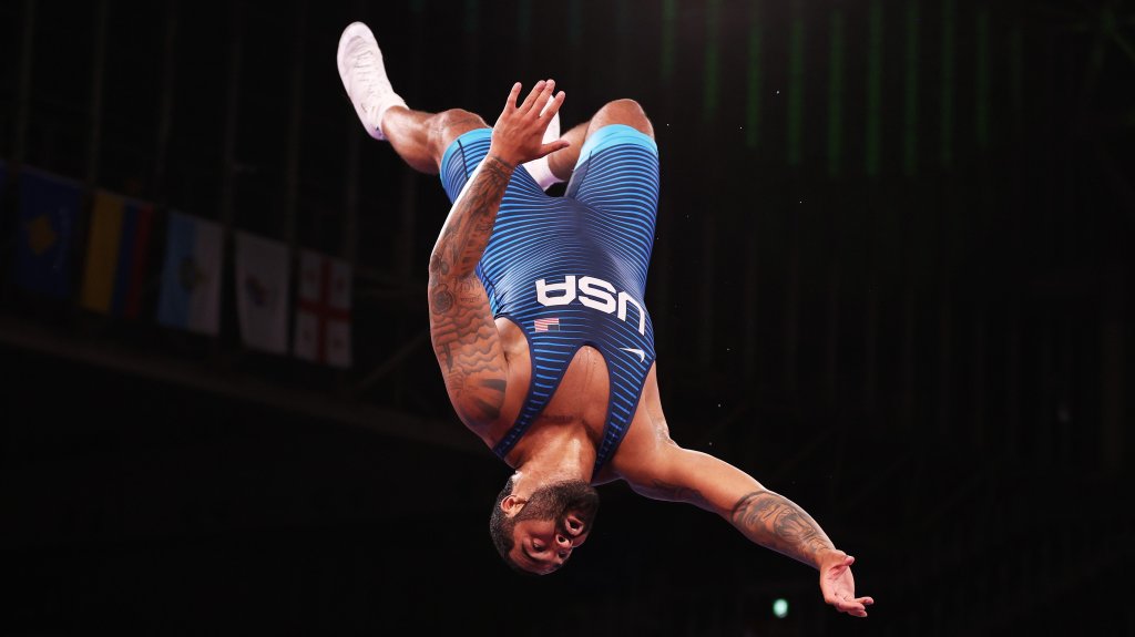 Gable Steveson of Team United celebrates defeating Geno Petriashvili of Team Georgia with a backflip during the Men’s Freestyle 125kg Gold Medal Match on day fourteen of the Tokyo 2020 Olympic Games at Makuhari Messe Hall on Aug. 6, 2021 in Chiba, Japan.
