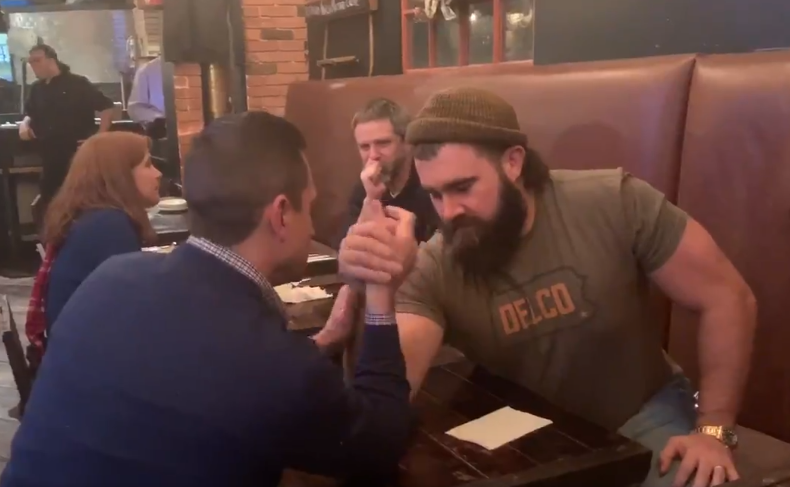 WATCH: Jason Kelce Arm Wrestles Man at Delco Bar – NBC10 Philadelphia