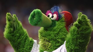 The Philly Phanatic mascot of the Philadelphia Phillies performs