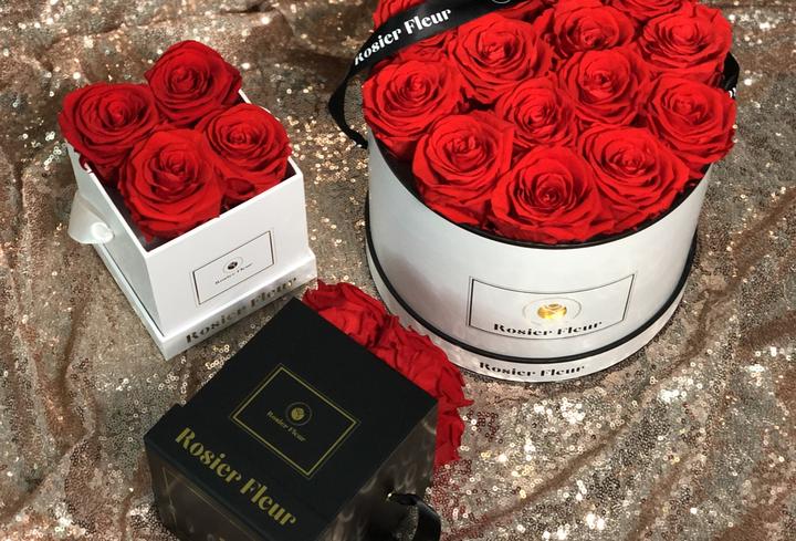 Red rose blooms in black and white boxes