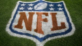 The NFL logo is seen prior to an NFL football game between the New England Patriots and the Denver Broncos, Sunday, Nov. 12, 2017