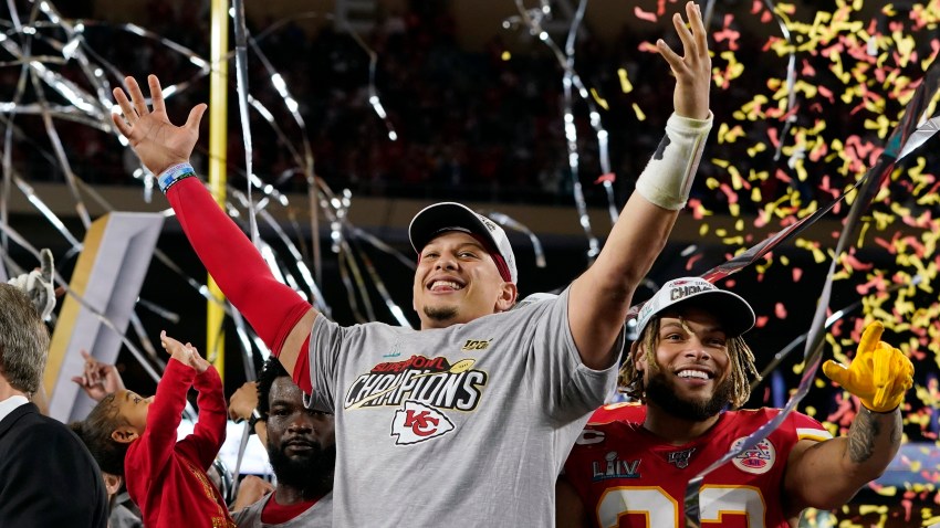 Kansas City Chiefs' Patrick Mahomes, left, and Tyrann Mathieu celebrate after defeating the San Francisco 49ers in the NFL Super Bowl 54 football game Sunday, Feb. 2, 2020, in Miami Gardens, Florida.