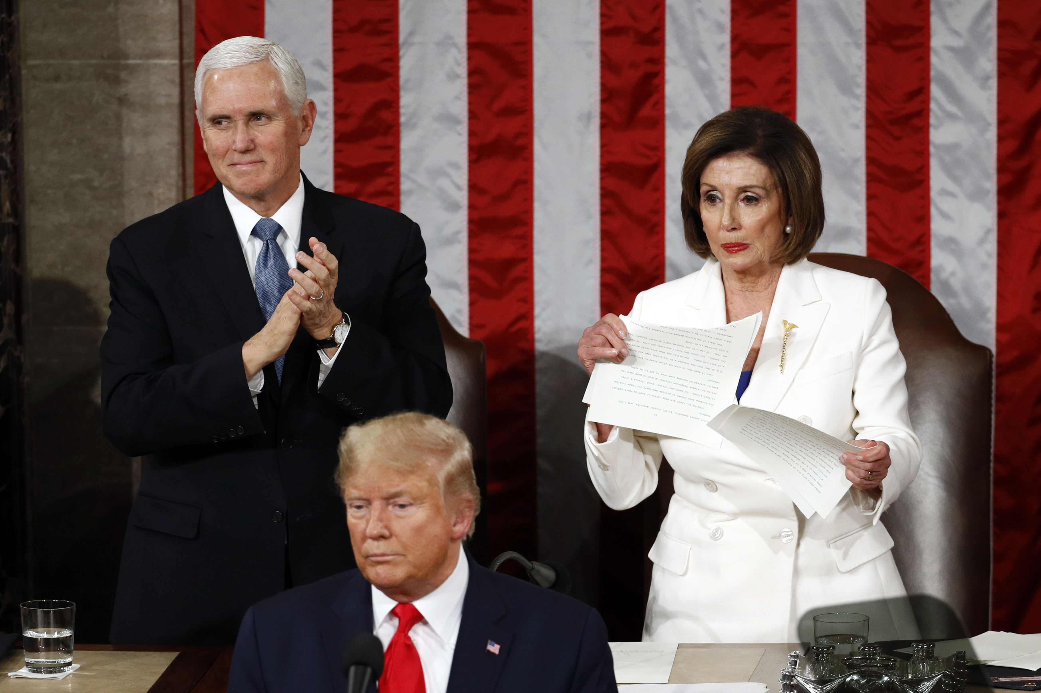 House Speaker Nancy Pelosi of Calif., tears her copy of President Donald Trump's s State of the Union address after he delivered it to a joint session of Congress on Capitol Hill in Washington, Tuesday, Feb. 4, 2020. Trump's State of the Union address was a night steeped in tense partisanship, after he appears to snub Pelosi's handshake and she rips up his speech.