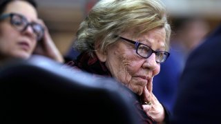 In this March 12, 2019 file photo, New Jersey state Sen. Loretta Weinberg, left, listens to special counsel Michael Critchley, Sr. ask Albert Alvarez questions before the joint legislative oversight committee in Trenton, NJ. A forum in Fort Lee will meet Tuesday, Feb. 11, 2020 and is expected to be the first in a series that aims to shine a light on women’s experiences and turning around what some officials said is a “deeply rooted culture of misogyny.”