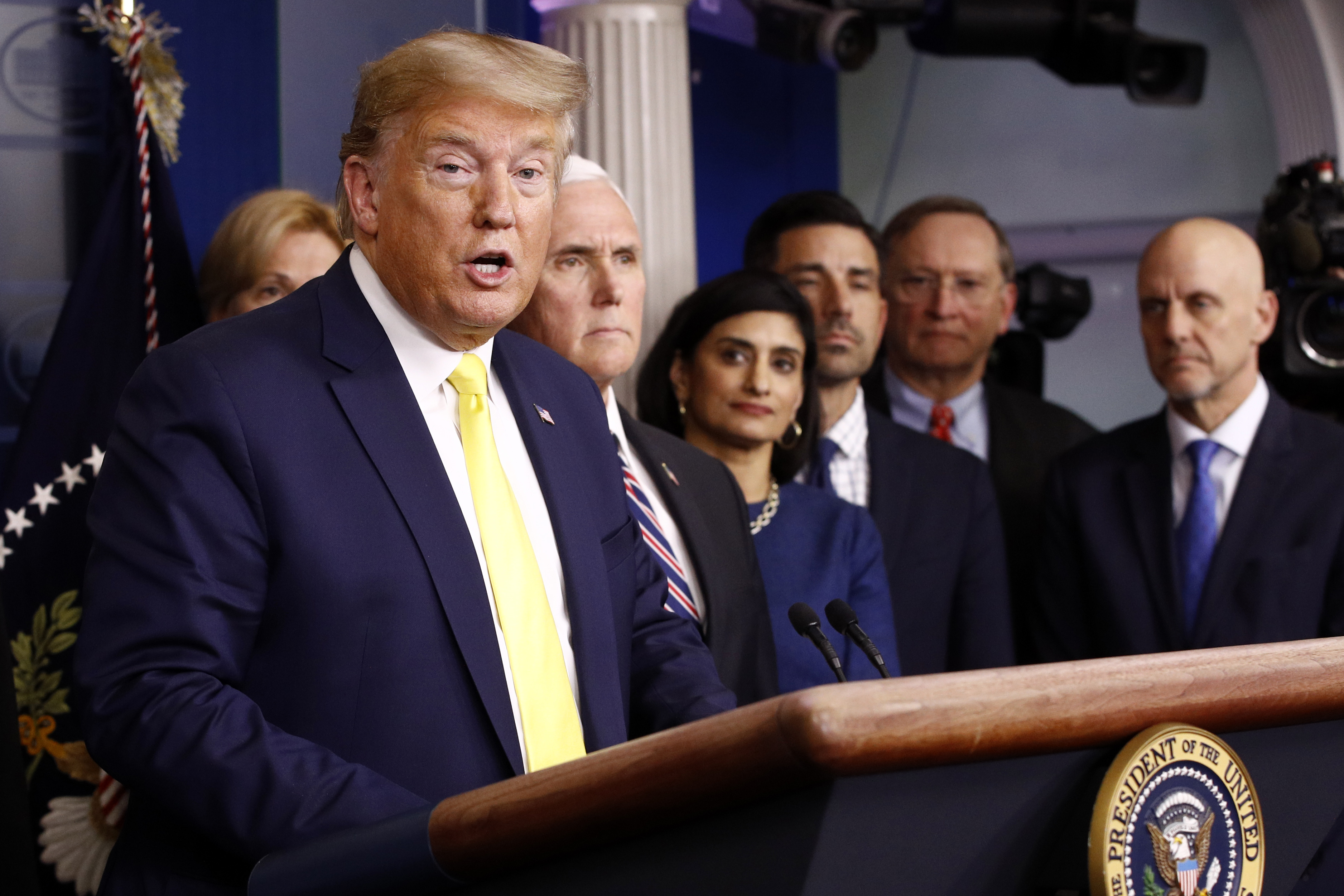 President Donald Trump speaks in the Brady press briefing room of the White House in Washington, Monday, March 9, 2020, about the coronavirus outbreak. (AP Photo/Patrick Semansky)