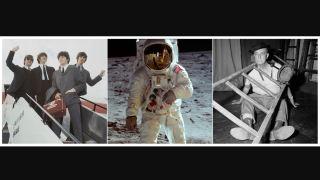 This combination photo shows, The Beatles, a scene from the film "Apollo 11," and a portrait of Buster Keaton.