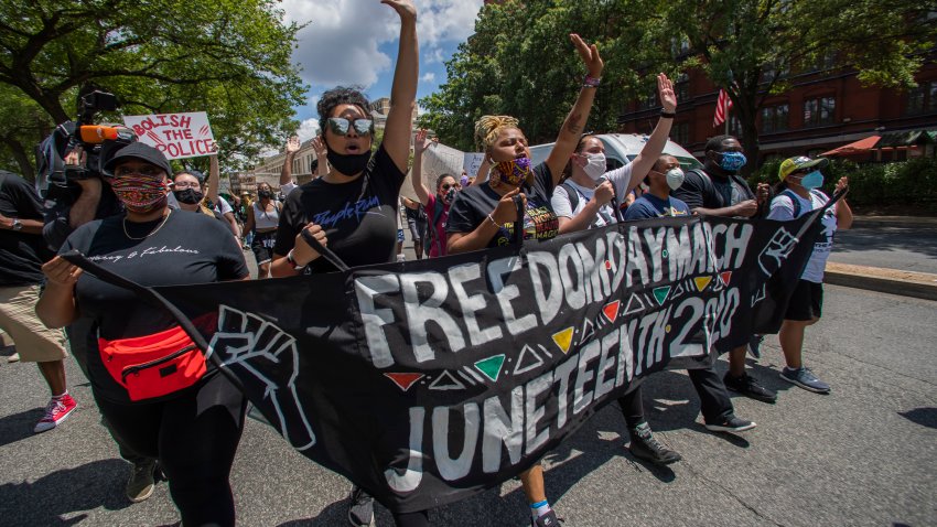 Protesters march towards the Martin Luther King Jr. Memorial in Washington on Friday, June 19, 2020.