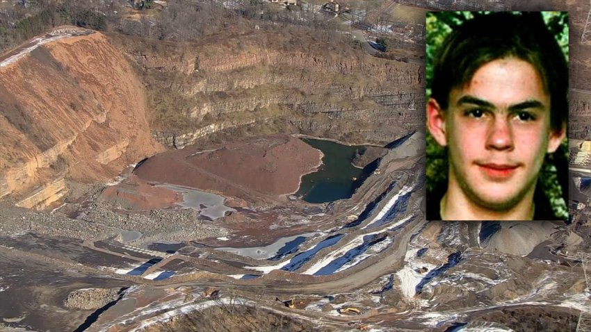 Aerial view of a quarry and photo of Adam Brundage