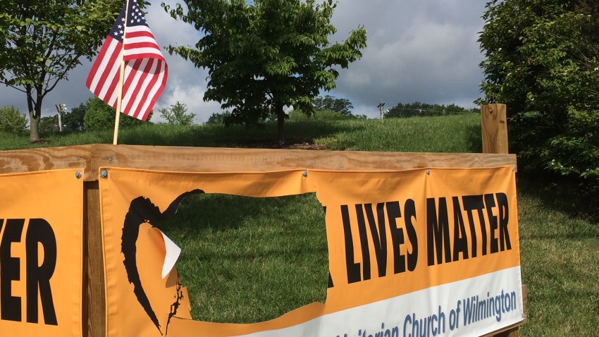 Black Lives Matter First Unitarian Church Wilmington Vandalism Banner