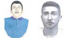 Composite sketches of the Fairmount Park rapist. Left: a sketch of a man with short black hair, a moustache and wearing a blue collared shirt. Right: A black and white sketch of a man with short hair and a goatee.