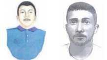 Composite sketches of the Fairmount Park rapist. Left: a sketch of a man with short black hair, a moustache and wearing a blue collared shirt. Right: A black and white sketch of a man with short hair and a goatee.