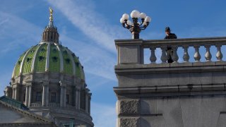A police officer monitors activity at Pennsylvania's capitol building in Harrisburg.