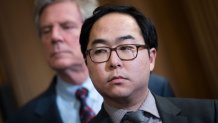 UNITED STATES - MAY 15: Reps. Andy Kim, D-N.J., right, and Frank Pallone, D-N.J., are seen during a rally in the Capitol Building to call on the Senate to vote on House Democrats' prescription drugs and health care package on Wednesday, May 15, 2019. (Photo By Tom Williams/CQ Roll Call)