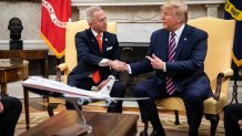 WASHINGTON, DC DECEMBER 19: (L-R) U.S. Rep. Jeff Van Drew of New Jersey, who has announced he is switching from the Democratic to Republican Party, shakes hands with U.S. President Donald Trump in the Oval Office of the White House on December 19, 2019 in Washington, DC. Van Drew voted against the two articles of impeachment yesterday in the House of Representatives. (Photo by Drew Angerer/Getty Images)