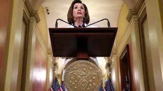 Speaker of the House Nancy Pelosi announced that the House will proceed with articles of impeachment against President Donald Trump at the Speaker's Balcony in the U.S. Capitol