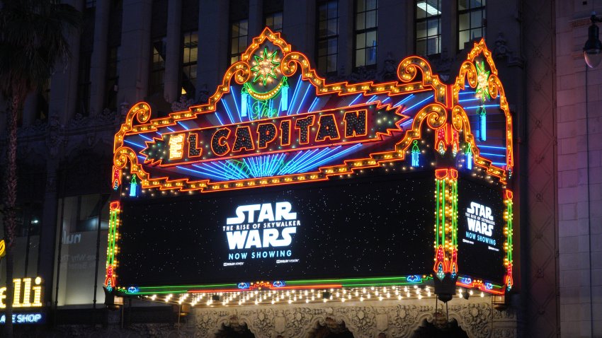 Exterior shot of the marquee of “Star Wars: The Rise Of Skywalker” at the El Capitan Theater on Dec. 19, 2019, in Hollywood, California.
