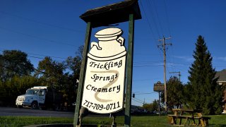 The sign in front of the shuttered Trickling Springs Creamery in Chambersburg, Pennsylvania