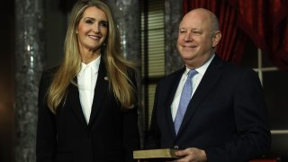 U.S. Sen. Kelly Loeffler (R-GA) and her husband Jeff Sprecher wait for the beginning of a ceremonial swearing-in at the Old Senate Chamber of the U.S. Capitol Jan. 6, 2020, in Washington, DC.