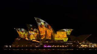 Images taken during the ongoing bushfire crisis are projected on the sails of the Sydney Opera House on Jan. 11, 2020, in Sydney, Australia.