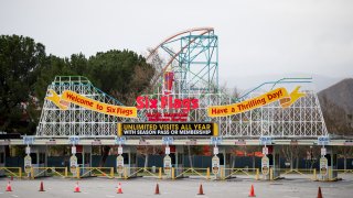 In this March 14, 2020, file photo, Six Flags Magic Mountain is closed as the coronavirus continues to spread across the United States in Valencia, California.