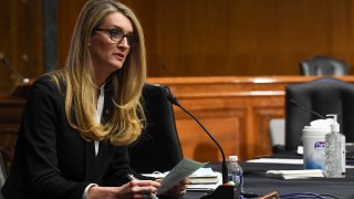 U.S. Senator Kelly Loeffler (R-GA) questions the witnesses, who were appearing remotely, during the Senate Committee for Health, Education, Labor, and Pensions hearing on COVID-19 May 12, 2020 in Washington, D.C.
