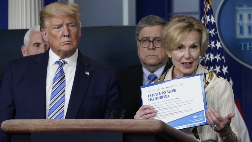 White House coronavirus response coordinator Deborah Birx holds up a CDC advisory as U.S. President Donald Trump and Attorney General listen at the daily coronavirus briefing at the White House on March 23, 2020 in Washington, DC. With the number of deaths caused by the coronavirus rising and foreseeable economic turmoil, the U.S. Congress continues to work on legislation for the nearly $2 trillion dollar aid package to deal with the COVID-19 pandemic.