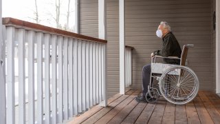 Senior man in wheelchair wearing protective mask to prevent coronavirus transmission on porch