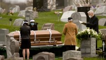 Muhlenberg, PA - April 16: At the graveside ceremony in Gethsemane Cemetery where only the family stood next to the grave. The rest of the guests were asked to remain in their cars, and could listen to the audio from the service broadcast through their car radios. At the Stitzel Family Funeral Home on Kutztown Road in Muhlneberg Thursday afternoon April 16, 2020 where the funeral for Tom Minh Nguyen was being held as a drive-up viewing so that mourners could pay their respects without getting out of their cars and still maintaining social distancing during the Coronavirus / COVID-19 crisis. (Photo by Ben Hasty/MediaNews Group/Reading Eagle via Getty Images)
