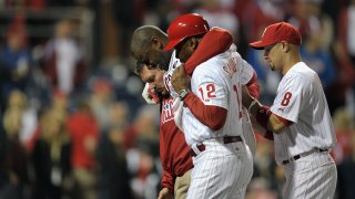 Ryan Howard leaves the field in pain after losing in the NLCS in Oct., 2011