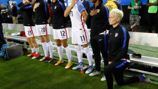 Megan Rapinoe kneels during the national anthem prior to the match between the United States and the Netherlands at Georgia Dome on Sept. 18, 2016, in Atlanta.