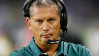 Defensive Coordinator Jim Schwartz of the Philadelphia Eagles and formally head coach of the Detroit Lions watches his defense at Ford Field