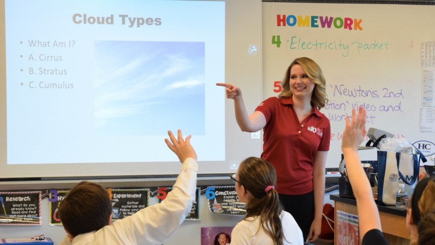 Krystal Klei doing a weather presentation for schoolchildren