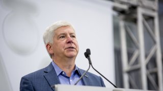 Rick Snyder, governor of Michigan, speaks during the opening of the Martinrea International Inc. technical center in Auburn Hills, Michigan, U.S., on Thursday, May 17, 2018.