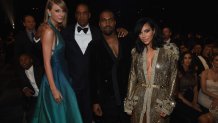 In this file photo, recording artists Taylor Swift, Jay Z and Kanye West and tv personality Kim Kardashian attend The 57th Annual GRAMMY Awards at the STAPLES Center on February 8, 2015 in Los Angeles, California.