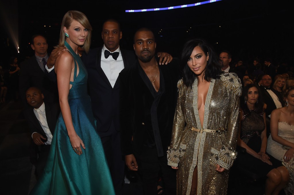 In this file photo, recording artists Taylor Swift, Jay Z and Kanye West and tv personality Kim Kardashian attend The 57th Annual GRAMMY Awards at the STAPLES Center on February 8, 2015 in Los Angeles, California.