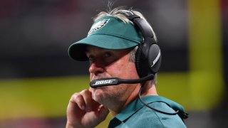 Philadelphia Eagles head coach Doug Pederson watches play against the Atlanta Falcons during the first half of an NFL football game, Sunday, Sept. 15, 2019, in Atlanta. (AP Photo/John Amis)
