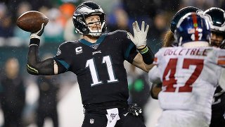 Philadelphia Eagles' Carson Wentz passes during the second half of an NFL football game against the New York Giants,