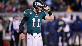 Philadelphia Eagles' Carson Wentz plays during the first half of an NFL wild-card playoff football game against the Seattle Seahawks, Sunday, Jan. 5, 2020, in Philadelphia.